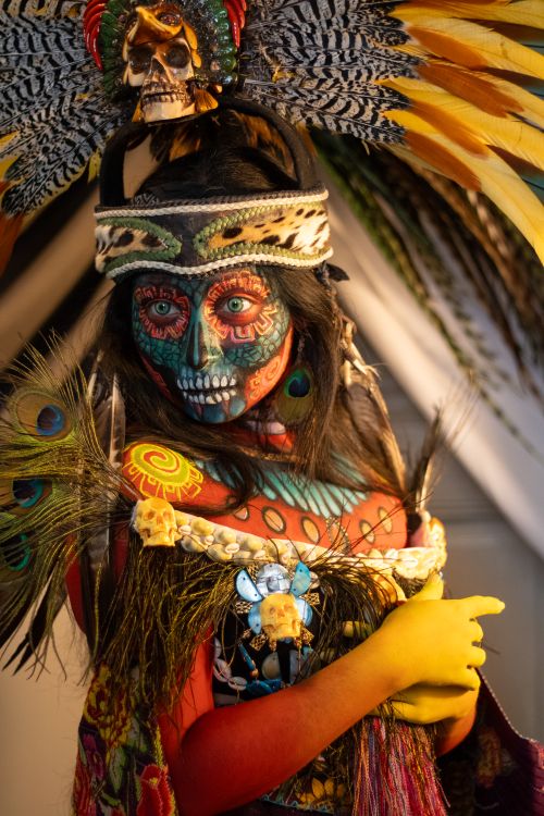 Free Colorful traditional costume and face paint at a cultural festival. Stock Photo