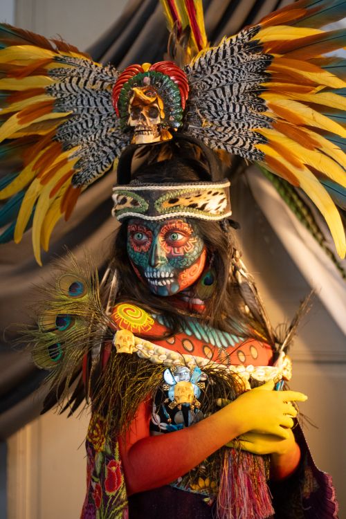 Free Colorful Day of the Dead costume featuring intricate skull makeup and feathered headdress. Stock Photo