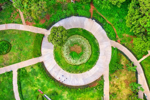 Stunning aerial view of a circular garden in Jakarta's park showcasing lush greenery and pathways.