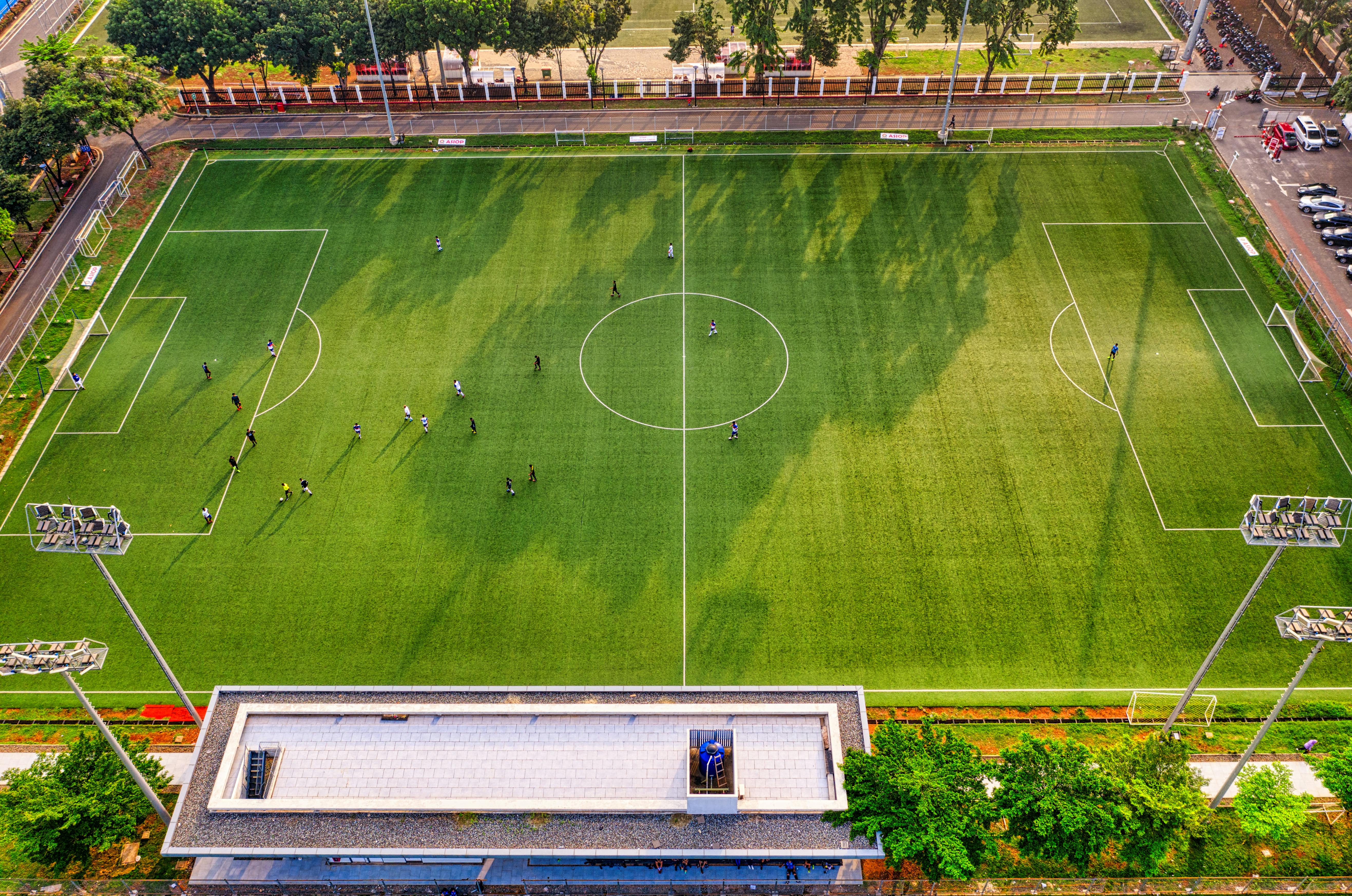 aerial photo of people playing soccer