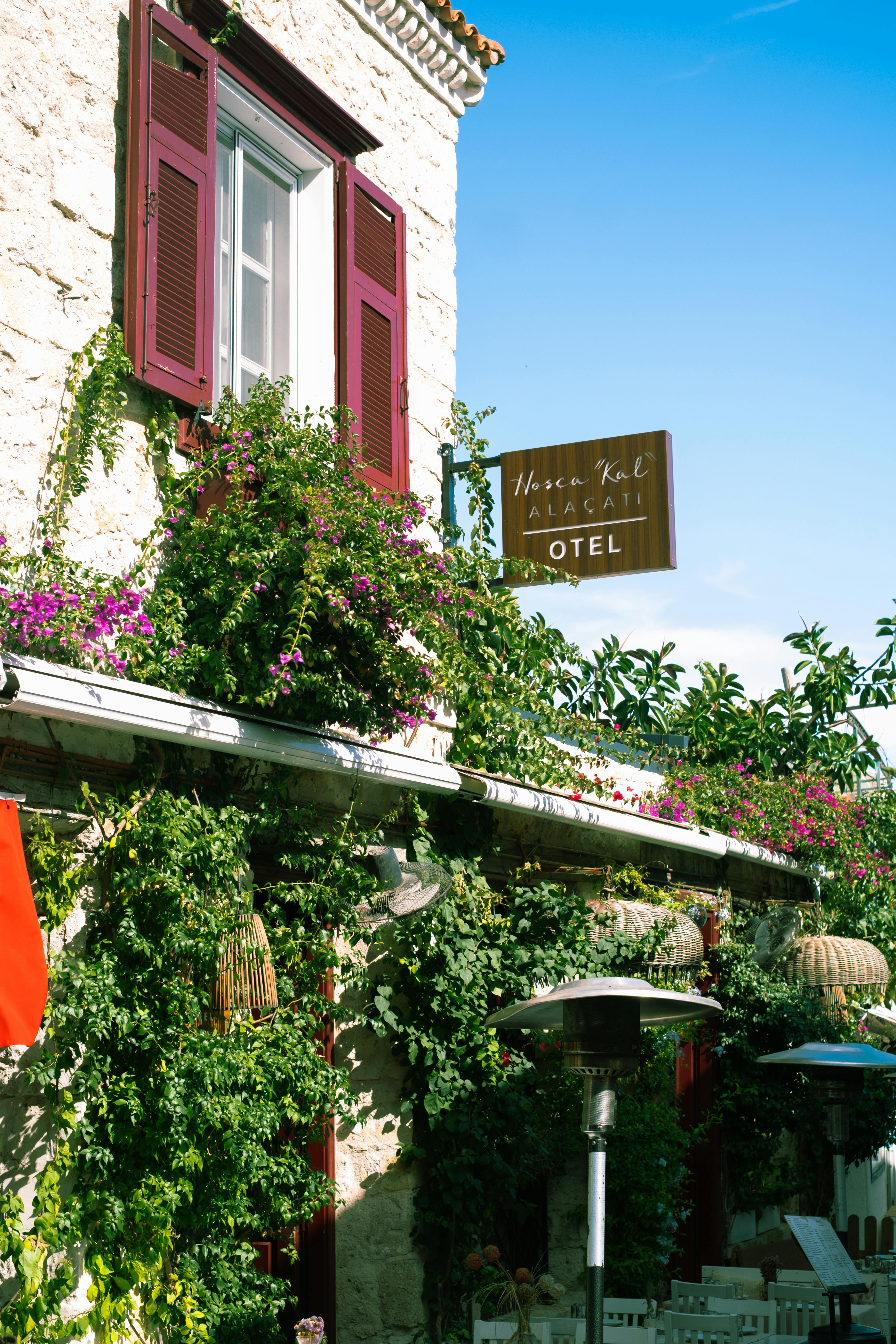 Rustic Ala&ccedil;atı hotel facade adorned with vibrant plants in sunny İzmir, Turkey.