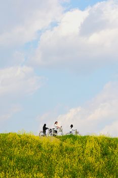 Three cyclists enjoy a sunny spring day riding through a vibrant yellow field under a bright sky.