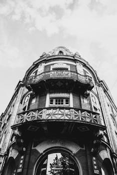 A striking black and white photo of an architectural building facade in Liepāja, Latvia.