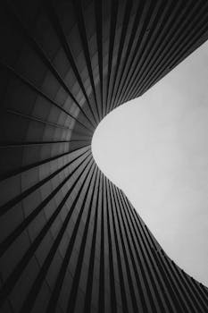 Black and white abstract view of a modern curved architectural structure.