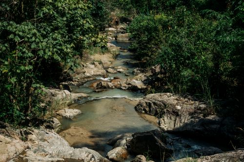 Free A serene stream surrounded by greenery and rocks in Kon Tum, Vietnam. Stock Photo