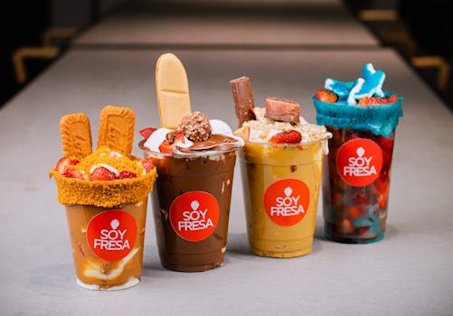 A row of colorful dessert drinks topped with treats from Soy Fresa in Puebla, México.