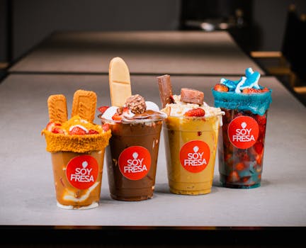 Vibrant dessert cups from Soy Fresa in Puebla, Mexico, showcasing delicious toppings.