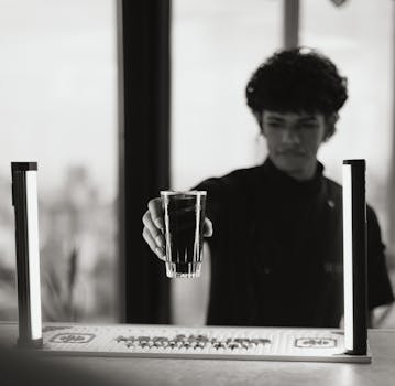 Bartender serving a drink in a stylish Buenos Aires bar, captured in black and white.
