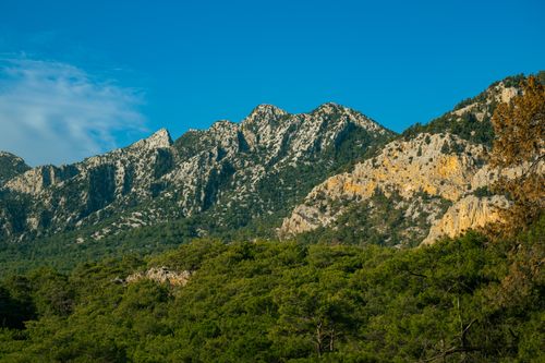 Free Majestic rocky mountains with greenery under clear blue sky. Stock Photo
