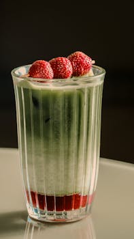 Tall glass of matcha latte with strawberries, perfect for summer refreshment.