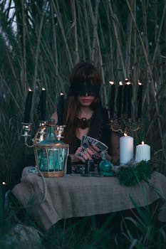 Blindfolded woman performing a mystical ritual with tarot cards and candles in a natural setting.