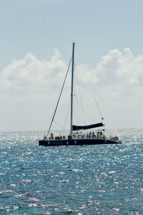Free A catamaran sails in the shimmering ocean under a bright sunny sky, adventure awaits. Stock Photo