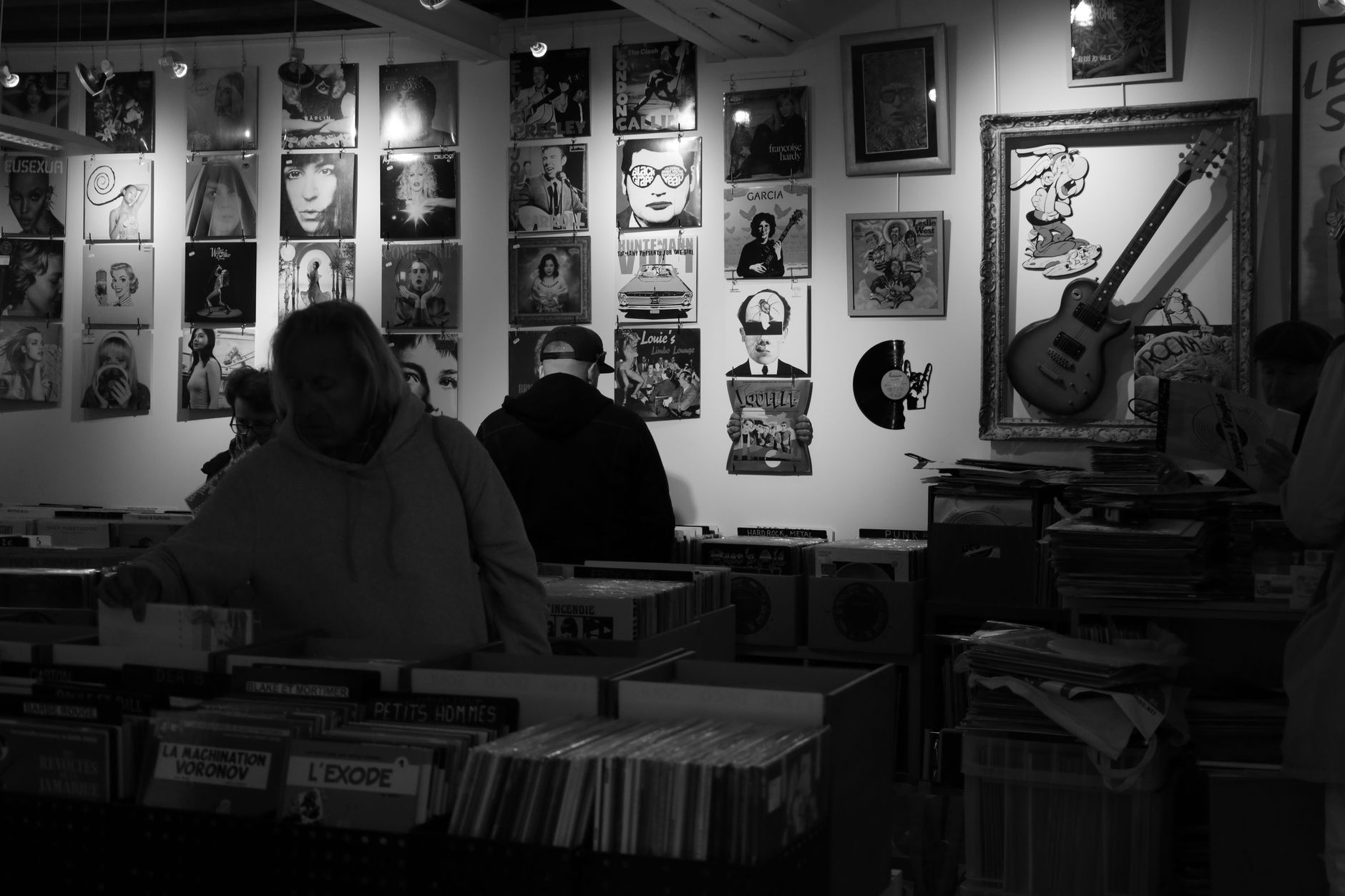 Vintage vinyl records in a retro music store in Versailles, France.