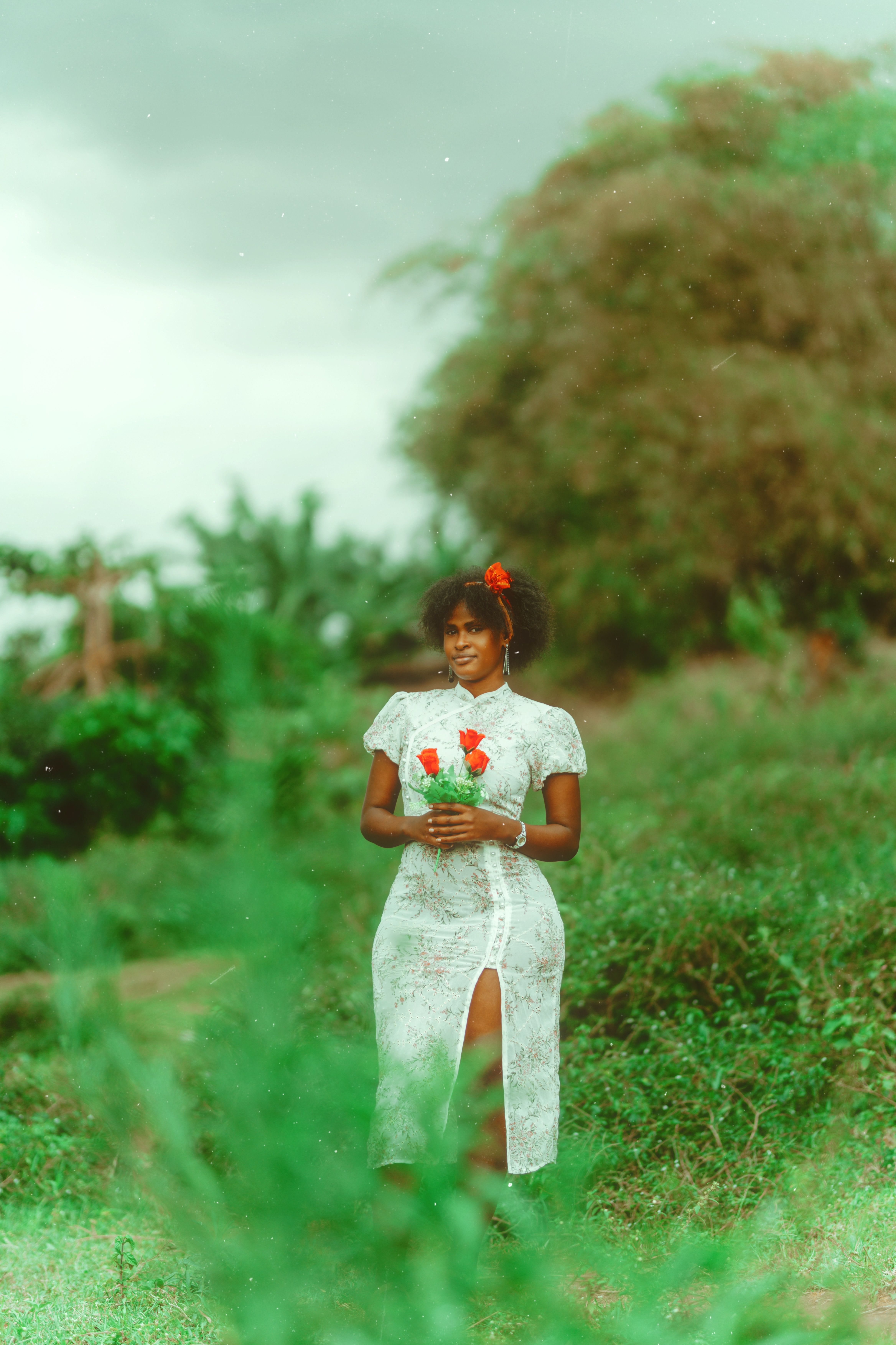 Woman in White Dress Holding Red Roses Outdoors · Free Stock Photo