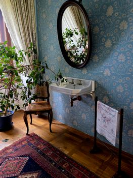 Charming vintage bathroom scene with mirror and indoor plant.