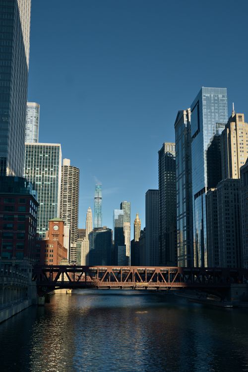 Free Stunning view of the Chicago skyline with reflective skyscrapers over the river. Stock Photo