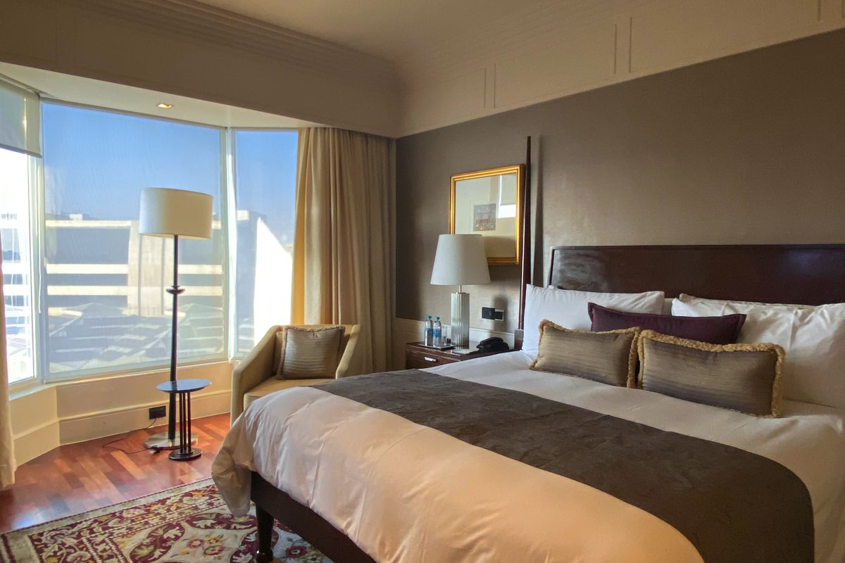 Airport hotel room with two beds