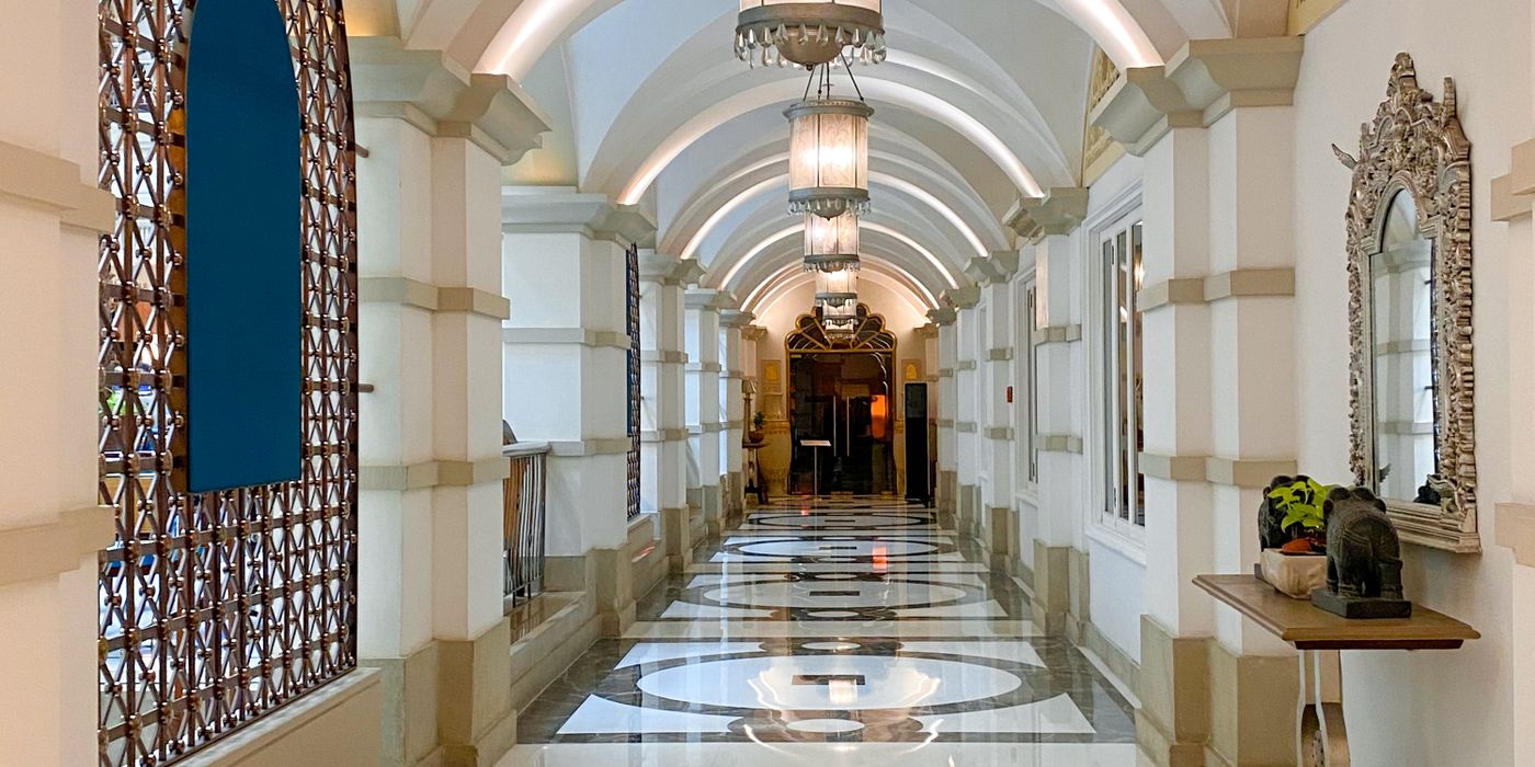 Elegant hotel corridor with stylish lighting and luxury finishes
