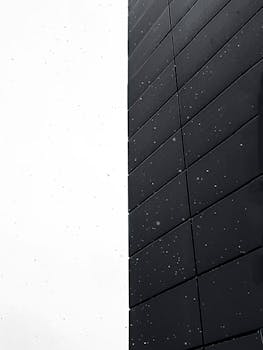 高层建筑的墙壁以低角度倾斜，黑色现代覆层映衬在下雪天的白色天空下