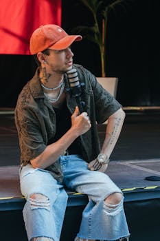 Trendy young man sits on stage holding a microphone, showcasing casual fashion and body art.