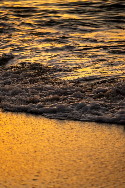 Free Waves gently lap the golden shore at Nerja during a stunning sunset. Stock Photo
