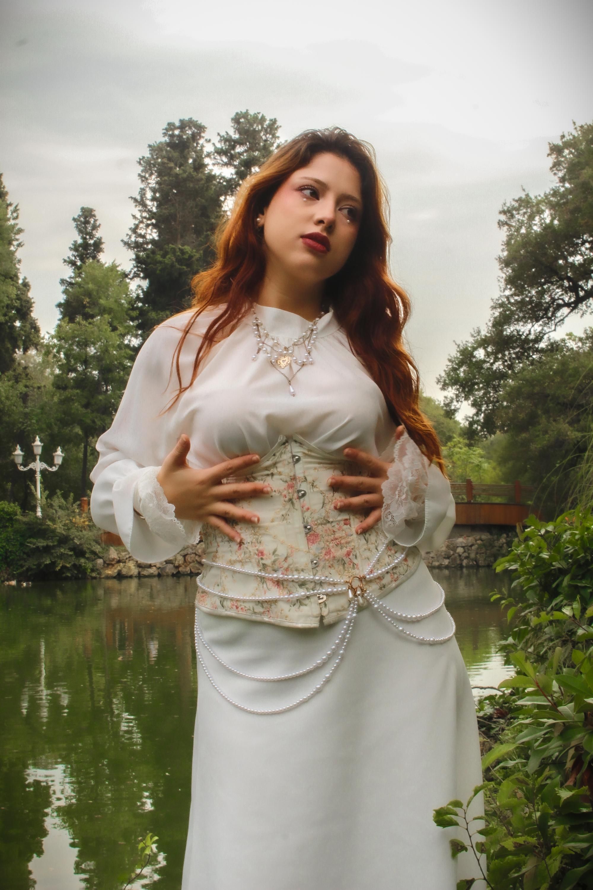 Elegant Woman in Vintage Dress by Scenic Pond · Free Stock Photo