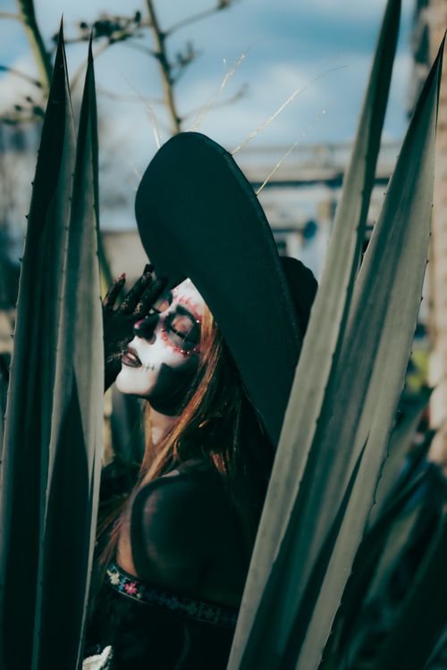 Free Woman with Day of the Dead face paint wearing wide-brim hat amidst large plants outdoors. Stock Photo