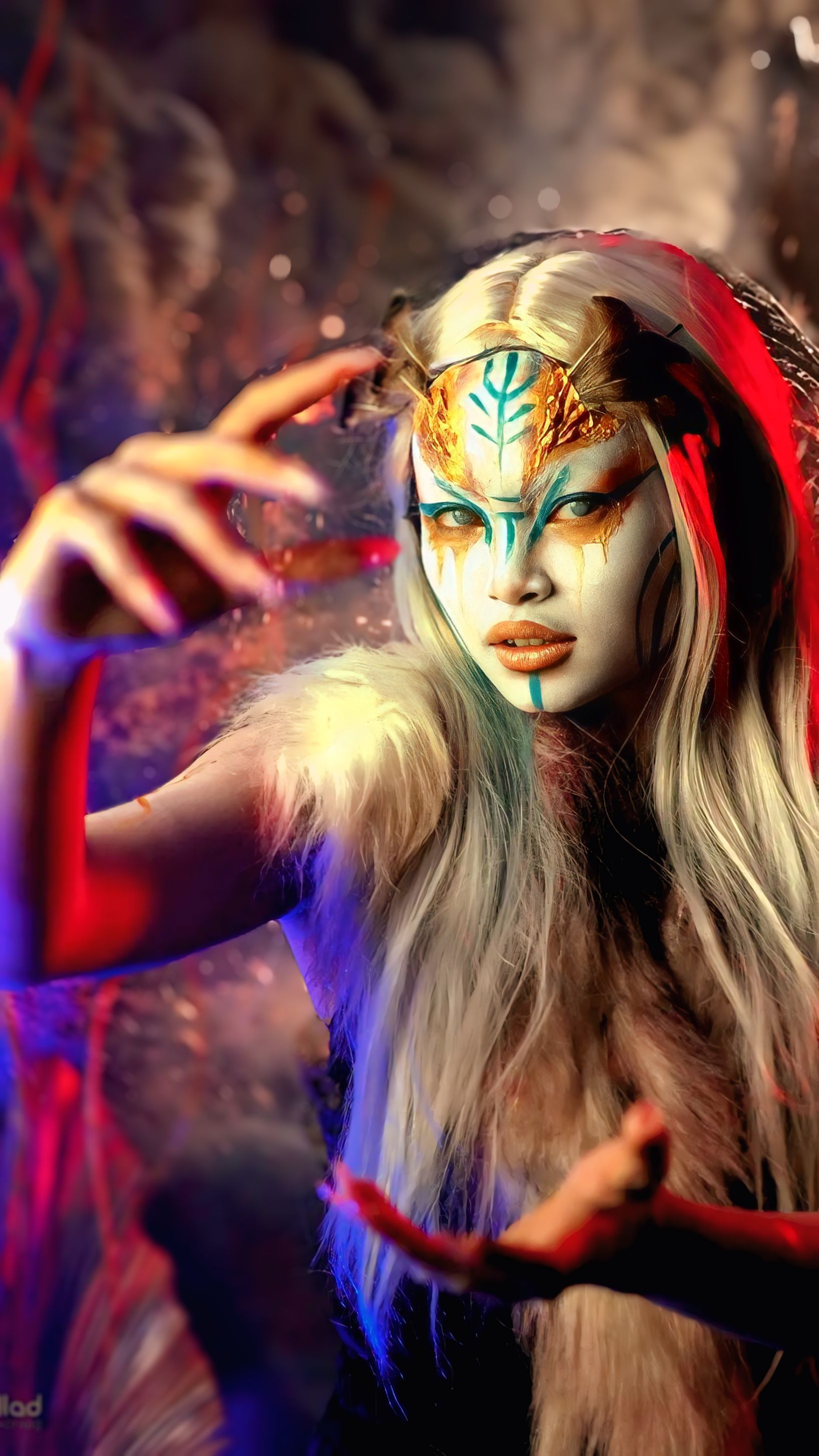 Enchanting portrait of a fantasy character with elaborate makeup and headpiece in vibrant colors.