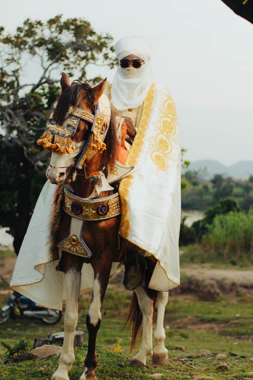 Free A horseman in ornate traditional garb stands outdoors, exuding elegance and cultural richness. Stock Photo