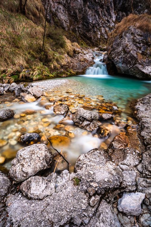 Free A serene mountain stream with crystal clear water flowing over rocks, surrounded by lush greenery. Stock Photo