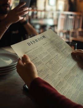 Customer reviewing menu at Dishoom restaurant in warm indoor setting.