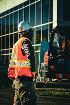 Construction worker in safety gear at an urban site in Ontario, Canada.