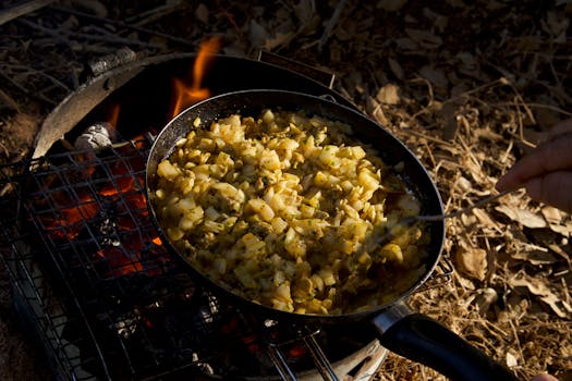 Delicious diced potatoes cooking on a fire grill outdoors. Perfect camping meal idea.