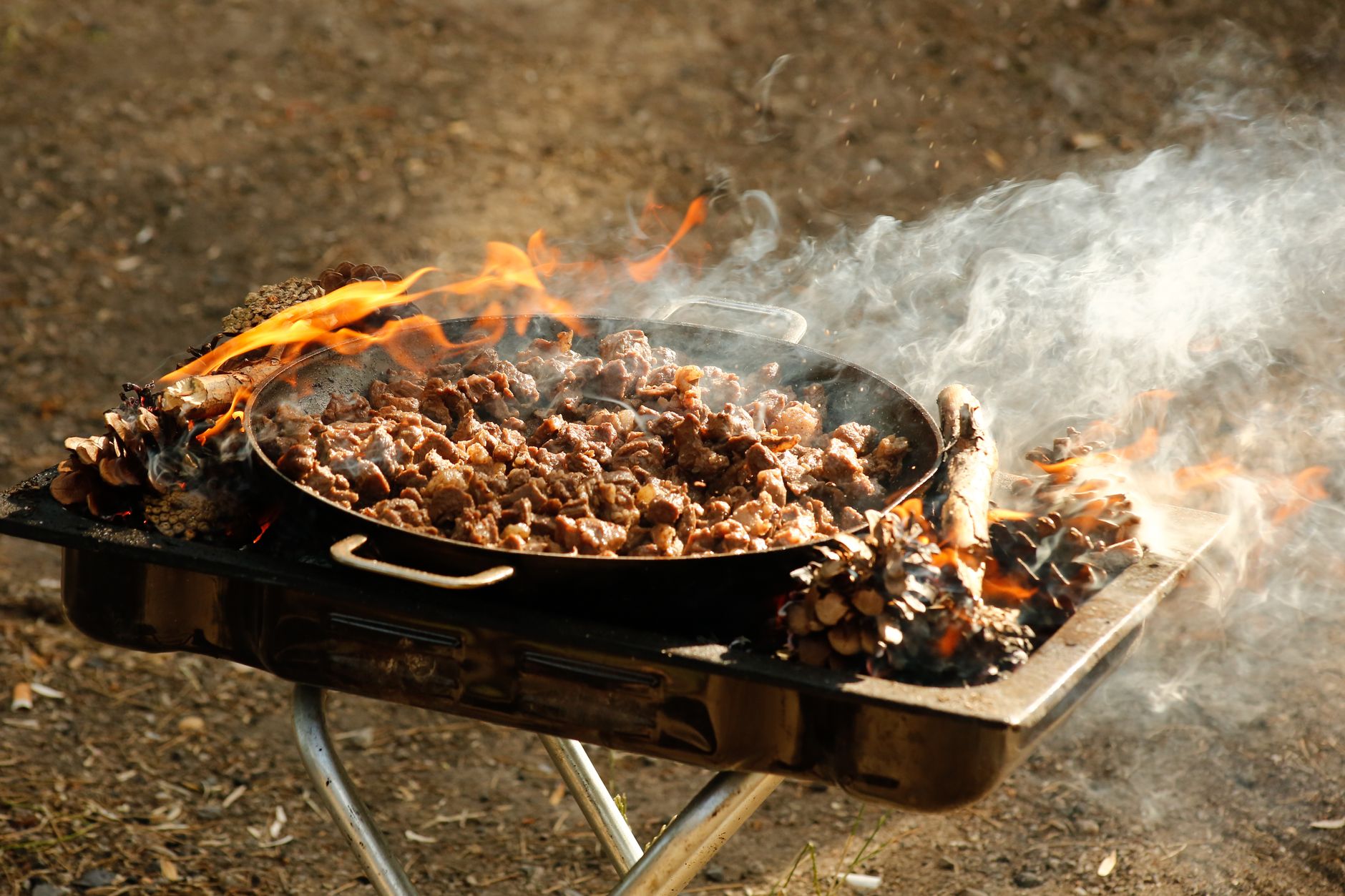 Hand sprinkling sea salt over grilled steak outdoors