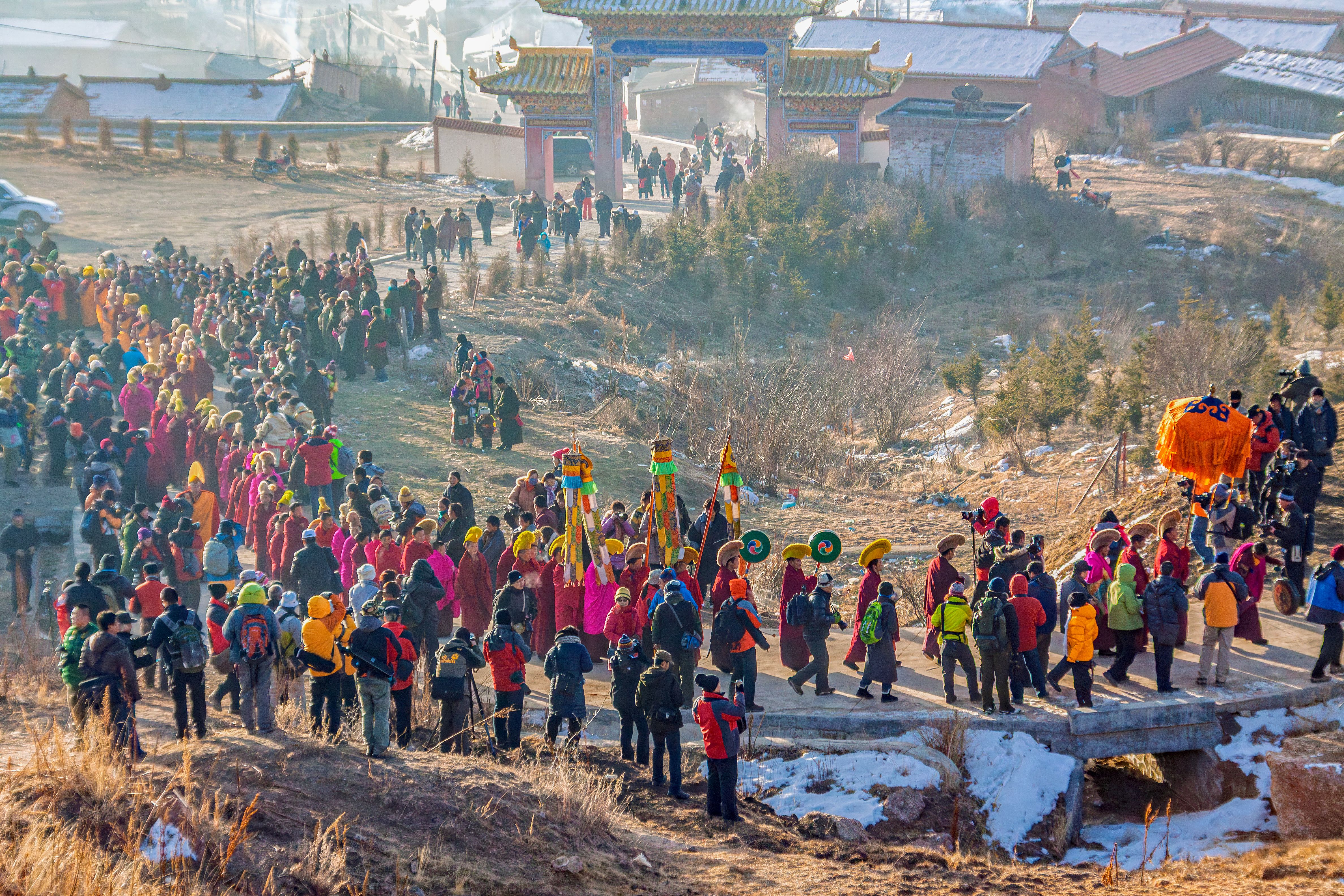 Colorful Cultural Festival Procession at a Monastery · Free Stock Photo