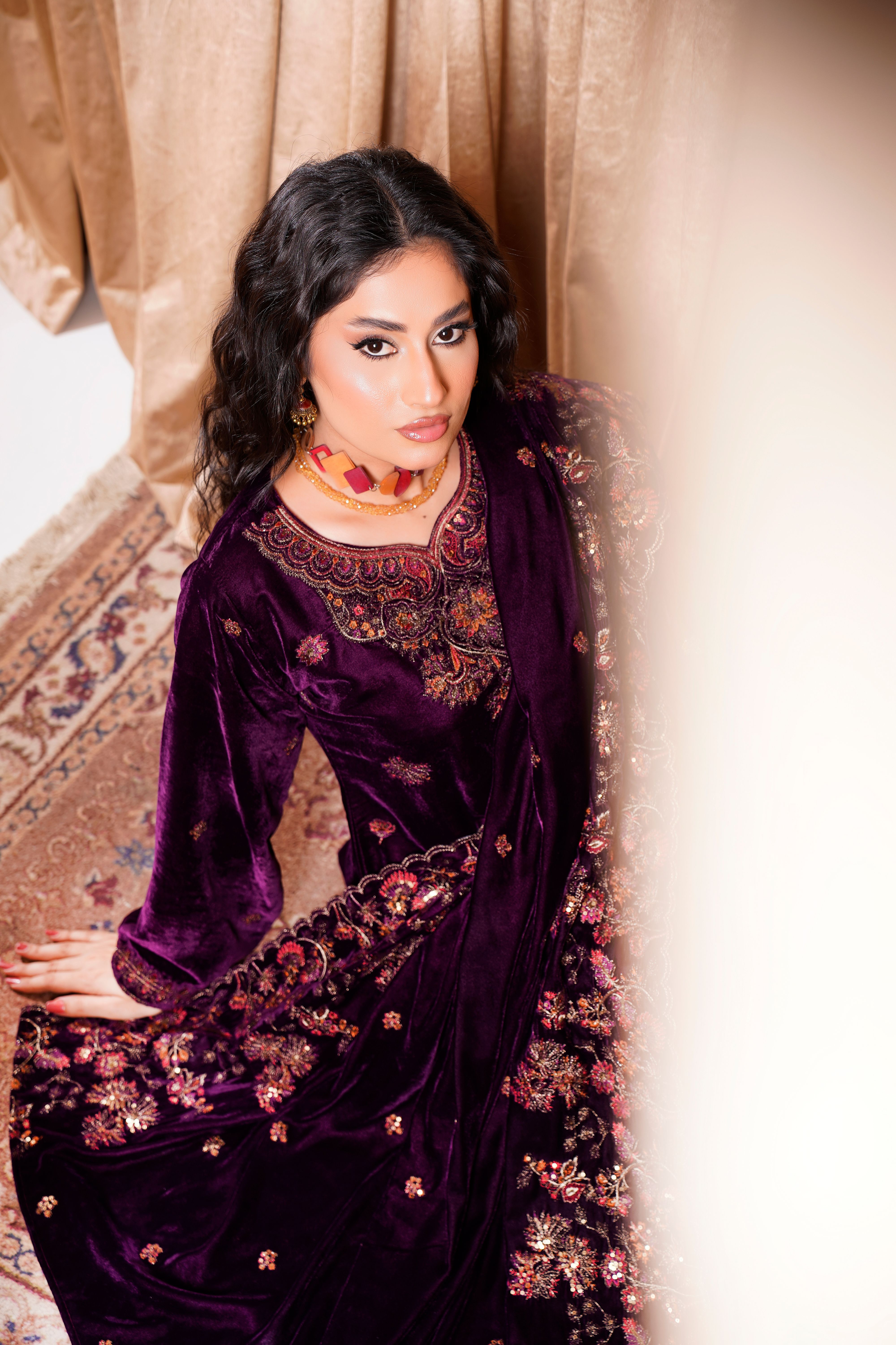 Elegant Velvet Dress with Intricate Embroidery  Free Stock Photo