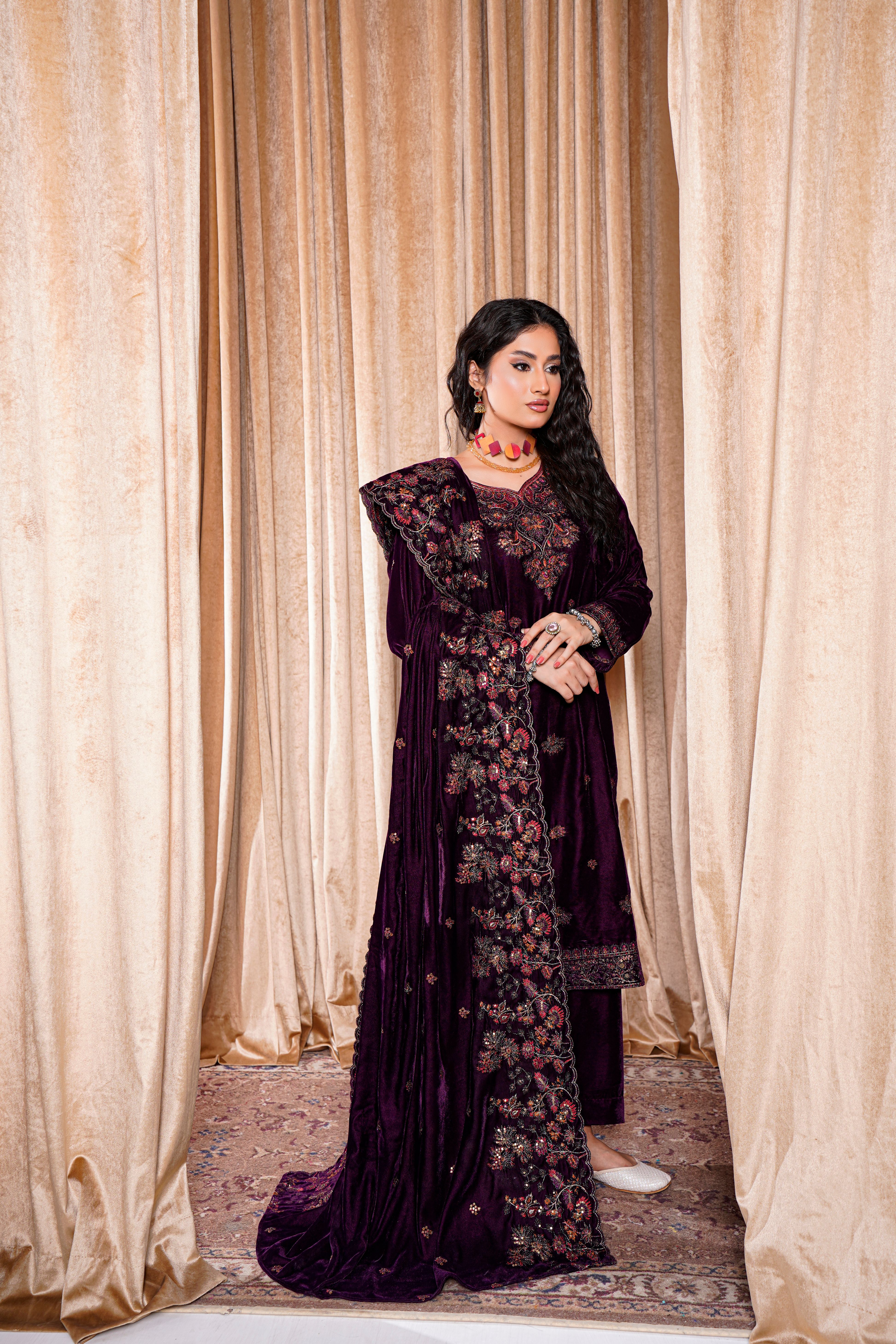 velvet embroidered dresses Winter Velvet Embroidered Dress With Organza embroidered Dopata-kp518 –  Kashaf.pk
