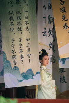 Asian woman in traditional attire stands near artistic calligraphy banners, exuding cultural elegance.