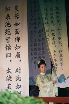 Woman in traditional Chinese dress against elegant calligraphy writing background.