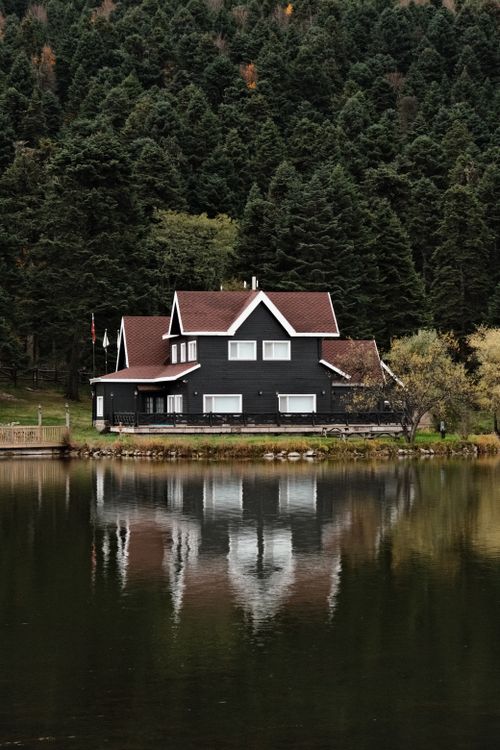 Free A serene lakeside cabin surrounded by dense evergreen trees, with a perfect reflection on the water. Stock Photo