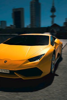 A sleek yellow Lamborghini driving through a cityscape on a sunny day.