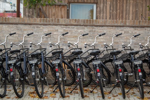 Multiple bicycles lined up in Copenhagen, Denmark showcasing urban cycling culture.