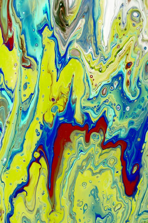 Free Dynamic abstract painting with vibrant colorful swirls in blue, yellow, and red hues. Stock Photo