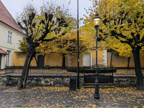Picturesque street scene in autumn with yellow leaves, classic lamp post, and rustic buildings.