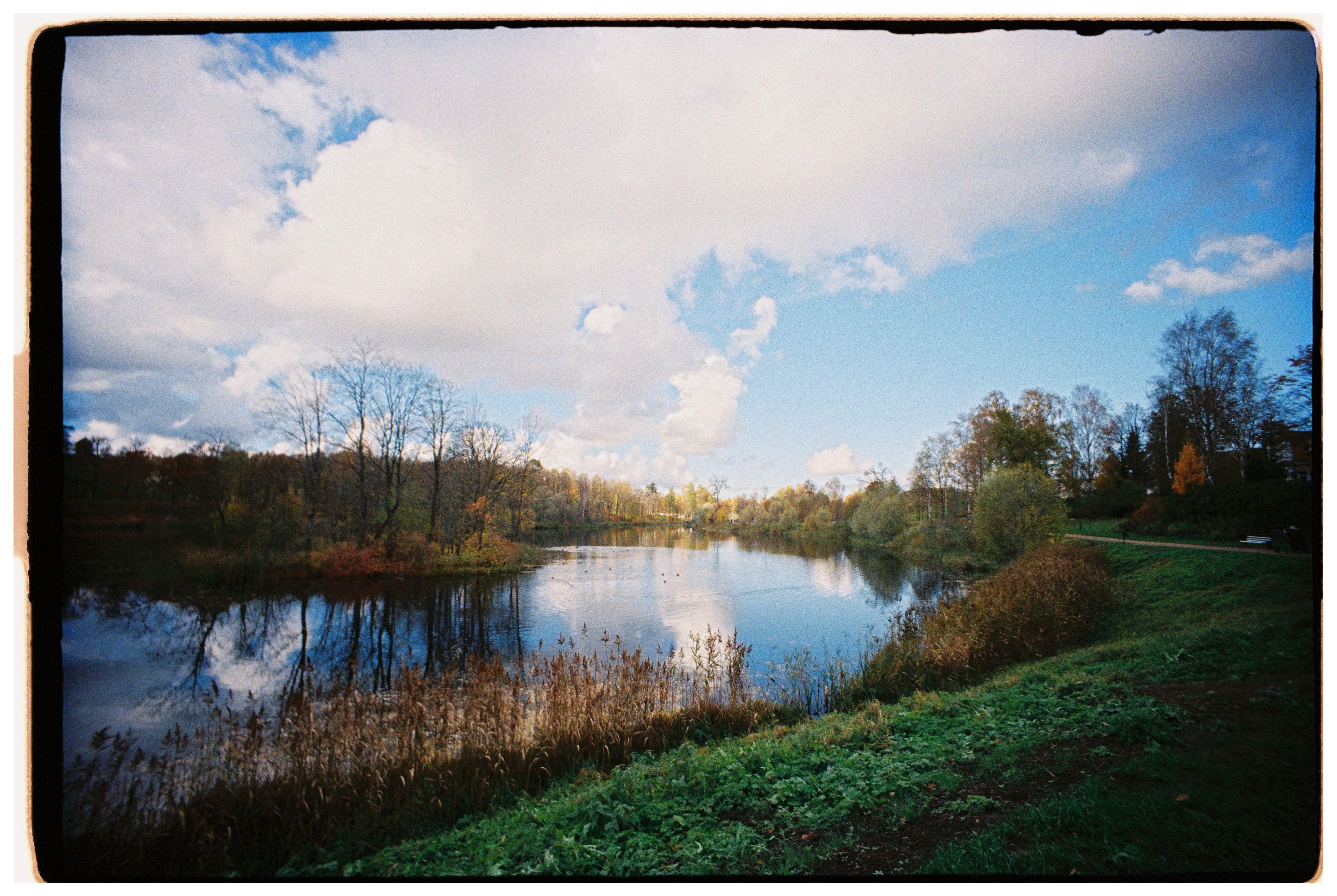 Serene autumn lake scene with clear reflections and vibrant foliage.