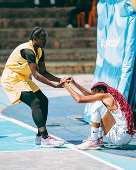 Two female basketball players support each other during a game on an outdoor court.