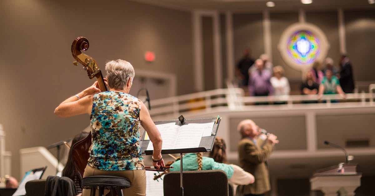 Orchestra performing live in a concert hall with audience in background.