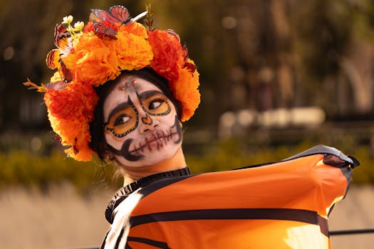 A vibrant portrait of a woman in traditional Catrina makeup with a butterfly headdress during Día de los Muertos.