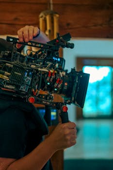 Close-up of a filmmaker handling a professional cinema camera rig indoors, capturing dynamic video shots.