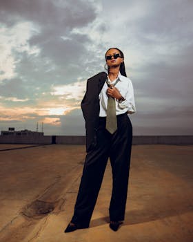 Confident woman in suit on rooftop during sunset, embodying empowerment and style.